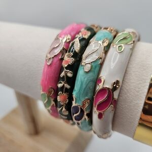 Jiu Long Xing Enamel Turtles & Floral Clamper Bangle Bracelets Small Wrist Child
